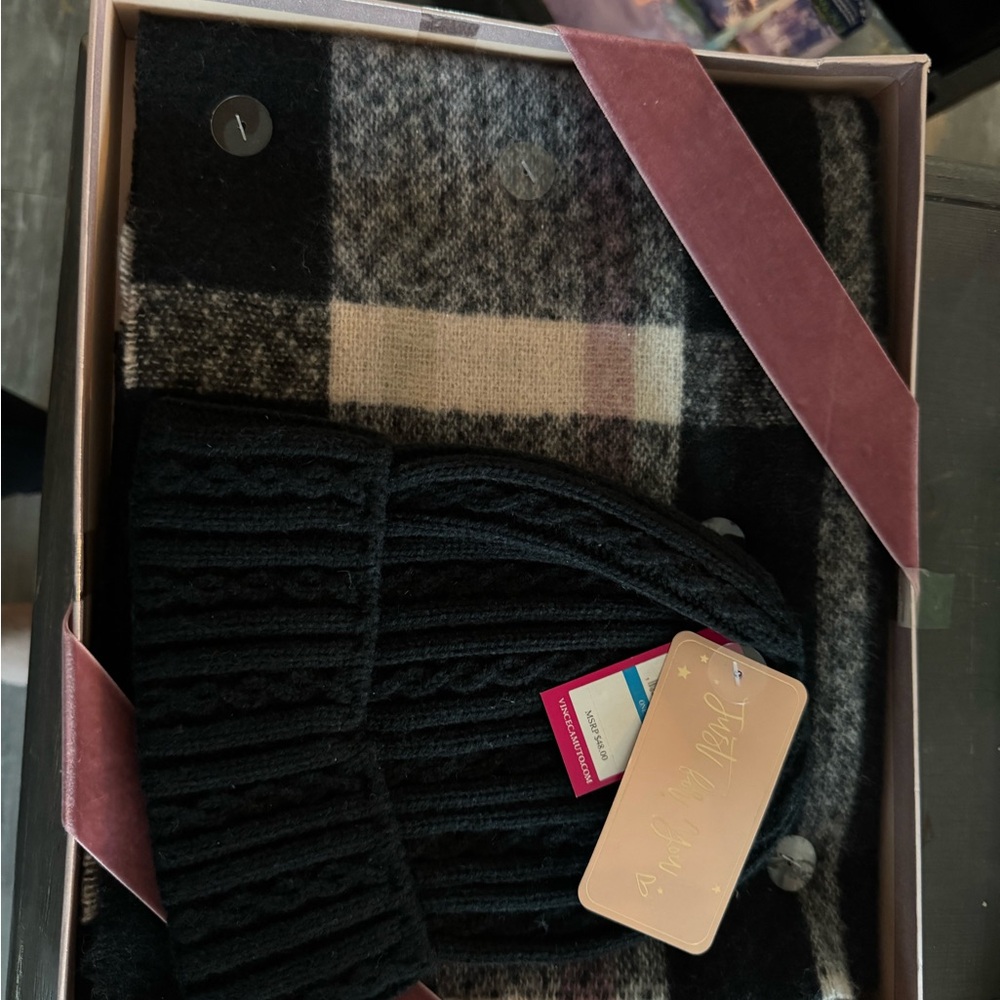 Vince Camuto Black and Plaid Knit Hat and Scarf Set